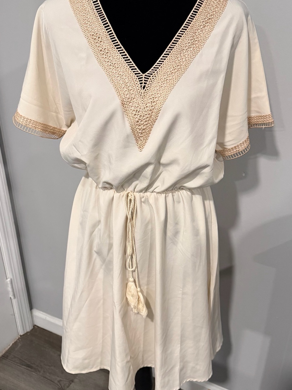 Allegra K Light Cream Crochet-Trim Slip Dress
